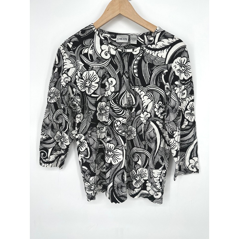 Chico's Knit Top‎ Women Size 2 Large Black White Floral Stretch Casual Tropical